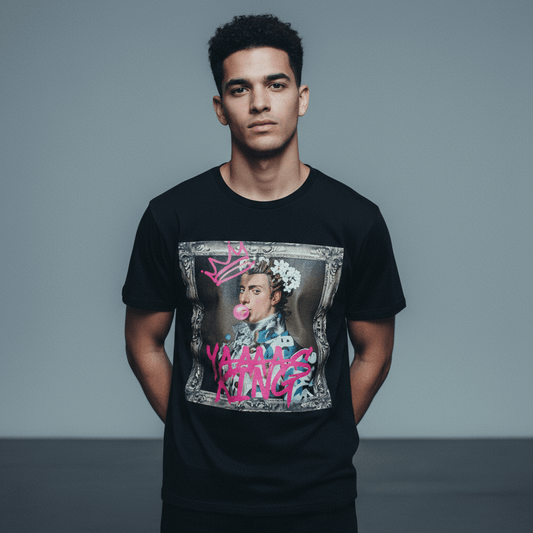 Model wearing Oliver & Eli premium statement t-shirt – bold style wearable art