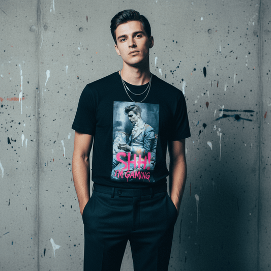 Model wearing Oliver & Eli SHH! T-Shirt | Bold Style Wearable Art