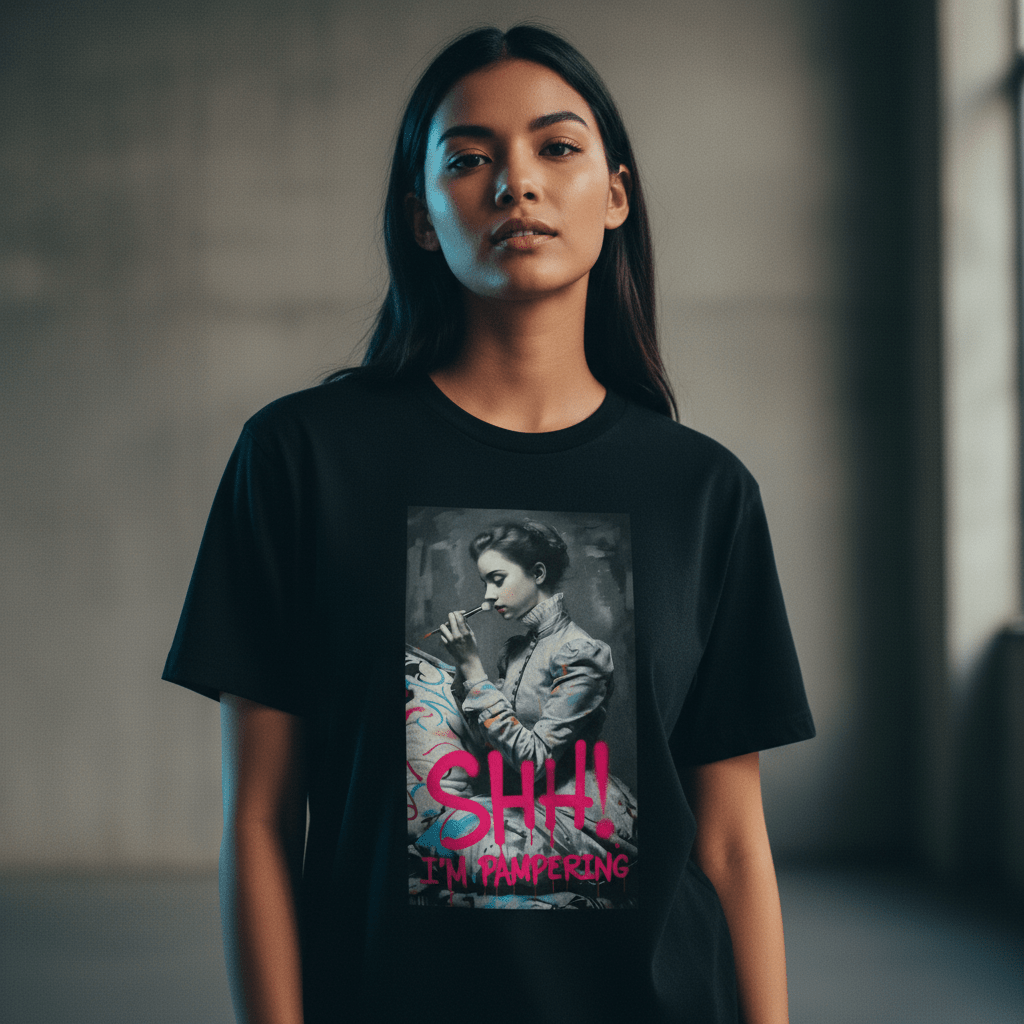 Model wearing Oliver & Eli SHH! T-Shirt | Bold Style Wearable Art
