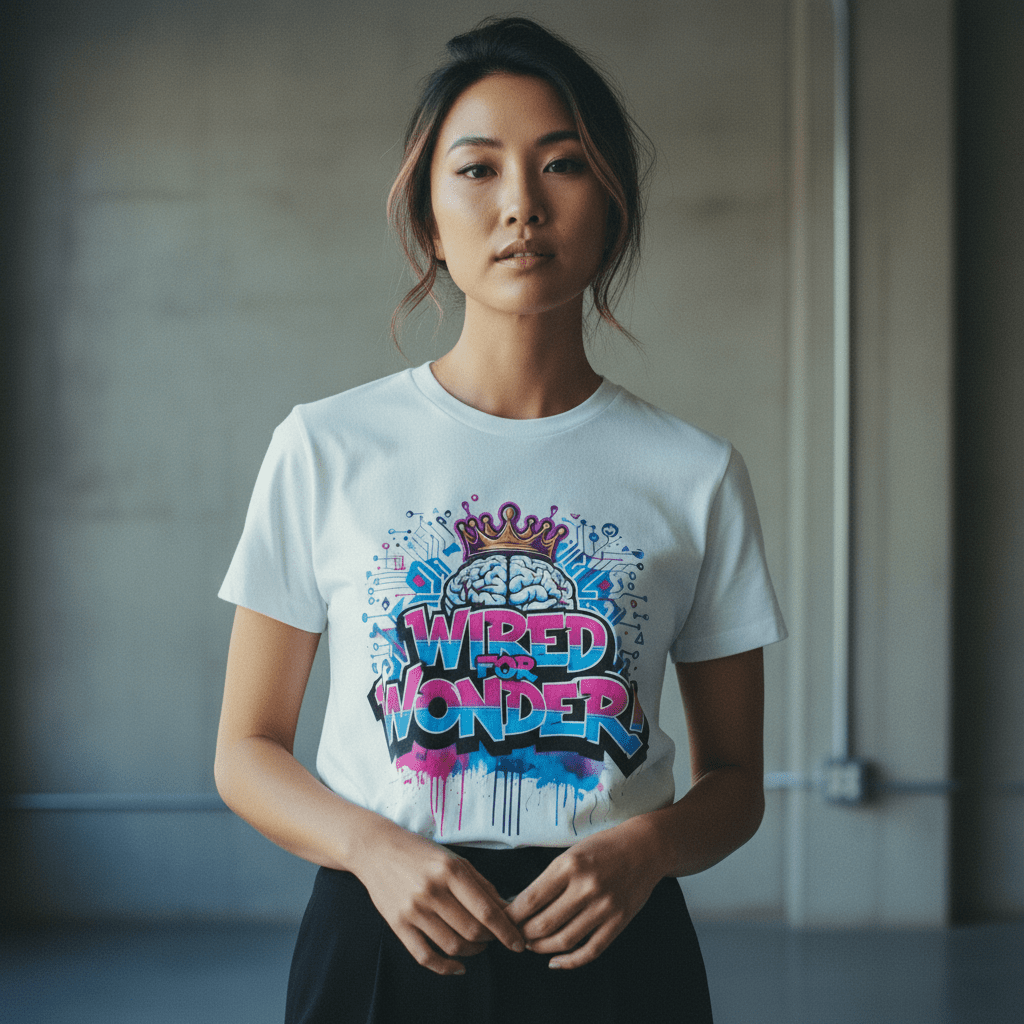 Model wearing Oliver & Eli Wired for Wonder T-Shirt | Bold Style Wearable Art