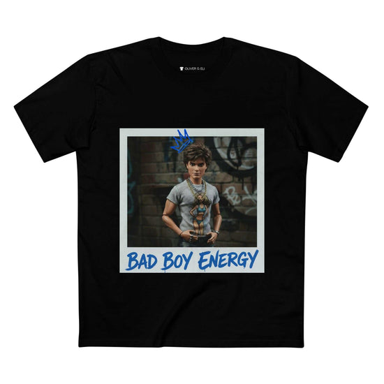 Bad Boy Energy Tee by Oliver & Eli – white cotton t-shirt with graffiti print and bold artistic design.