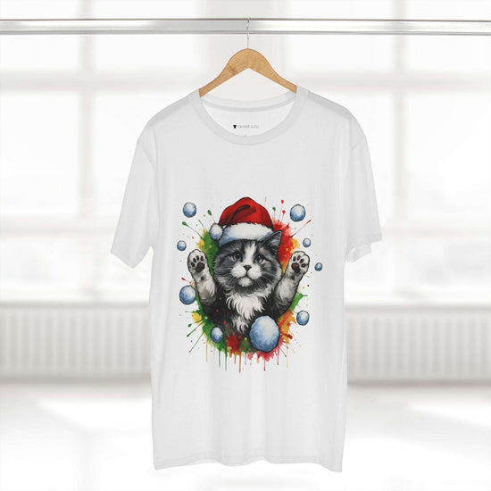 Hands Up Snowball Cat Christmas T-shirt with grey cat in Santa hat and graffiti snowball design by Oliver & Eli