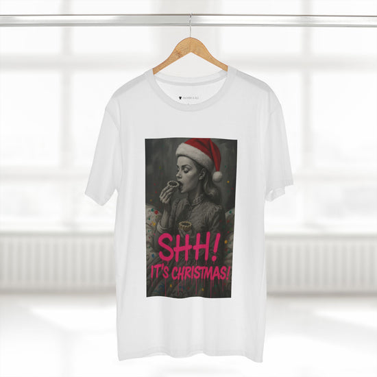 Model wearing tee from Oliver & Eli’s Sleigh Season collection — premium cotton Christmas t-shirt with graffiti print and festive design.