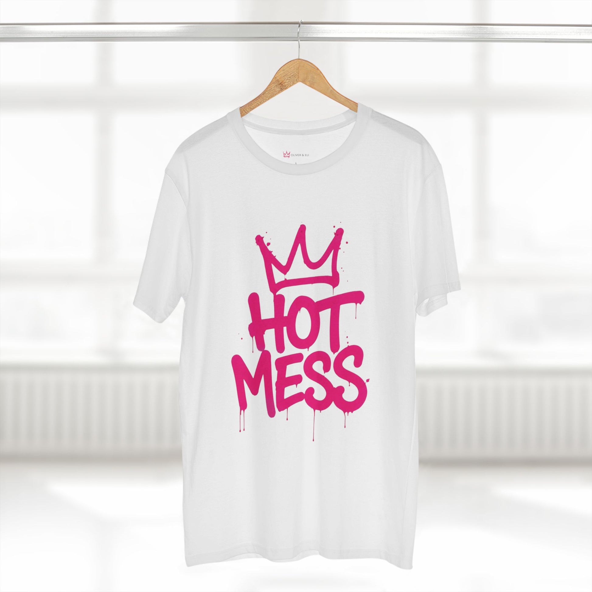 Hot Mess Energy graphic t-shirt with oversized pink graffiti lettering