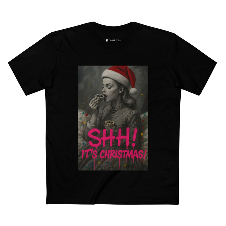 Model wearing tee from Oliver & Eli’s Sleigh Season collection — premium cotton Christmas t-shirt with graffiti print and festive design.