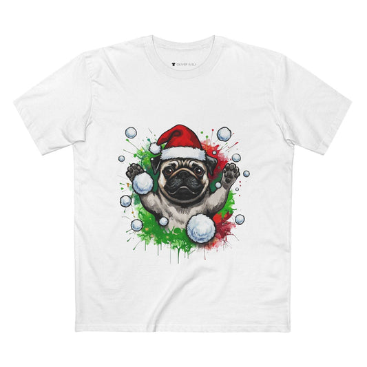 Hands Up Snowball Pug Christmas T-shirt featuring pug in Santa hat throwing snowball graffiti art design