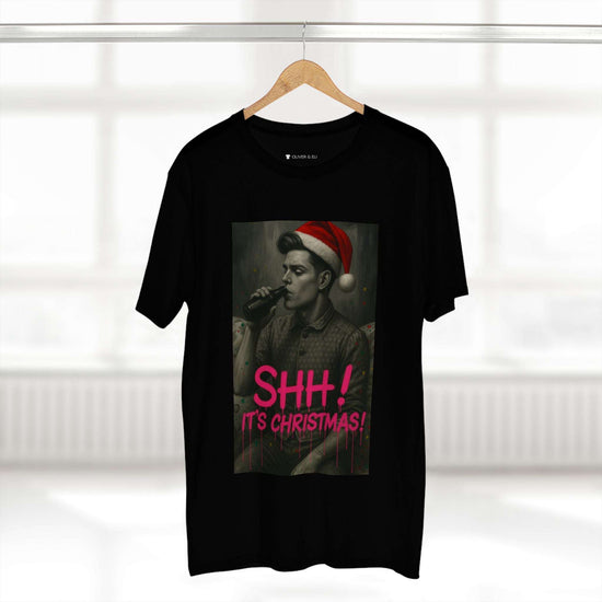 SHH! It’s Christmas Beers T-shirt with grayscale man in Santa hat drinking beer, graffiti design