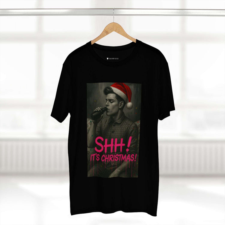 SHH! It’s Christmas Beers T-shirt with grayscale man in Santa hat drinking beer, graffiti design