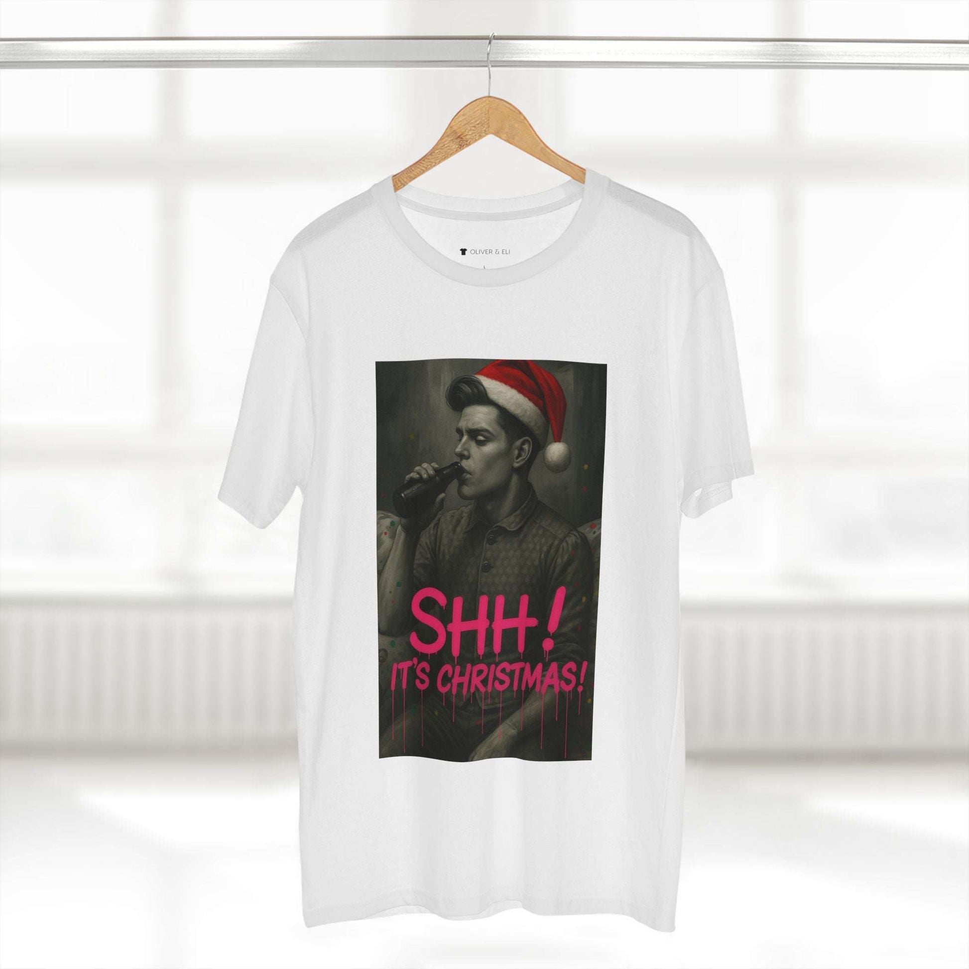 SHH! It’s Christmas Beers T-shirt with grayscale man in Santa hat drinking beer, graffiti design