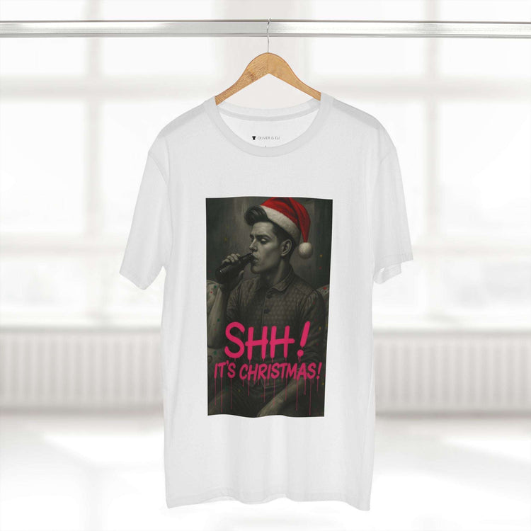 SHH! It’s Christmas Beers T-shirt with grayscale man in Santa hat drinking beer, graffiti design