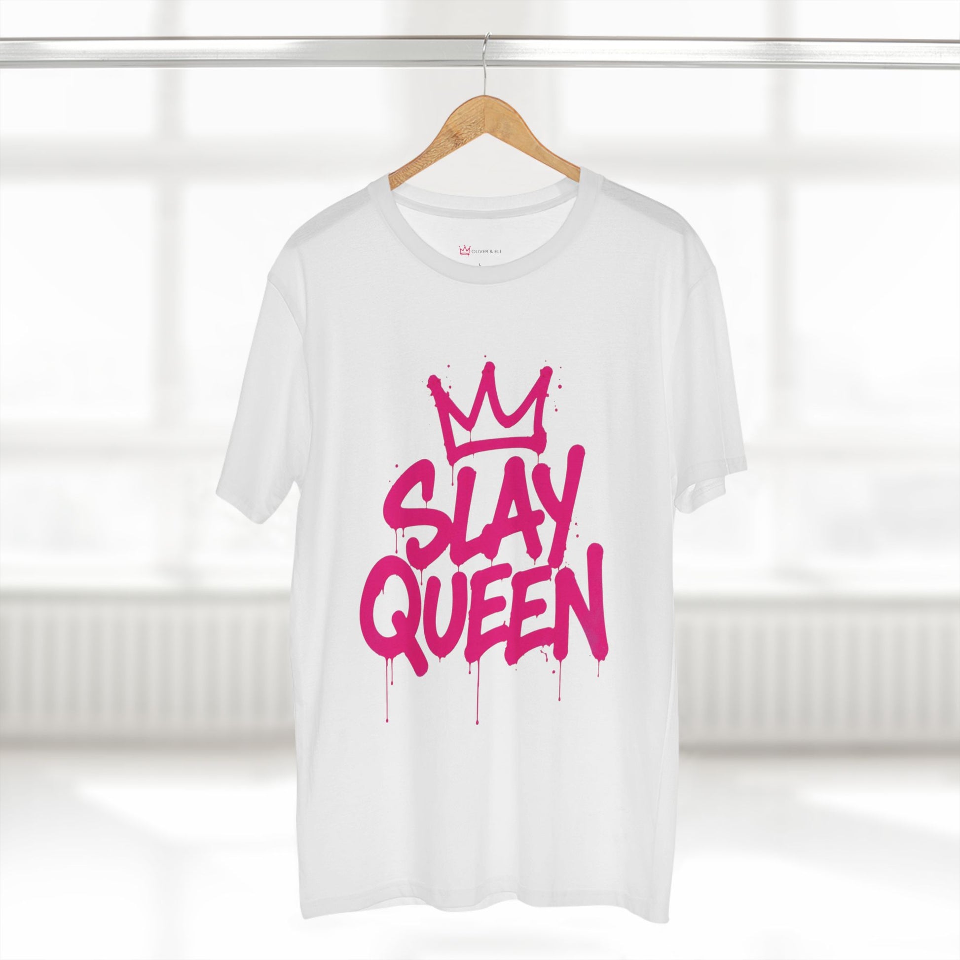 Slay Mode graphic t-shirt with pink graffiti lettering and crown icon
