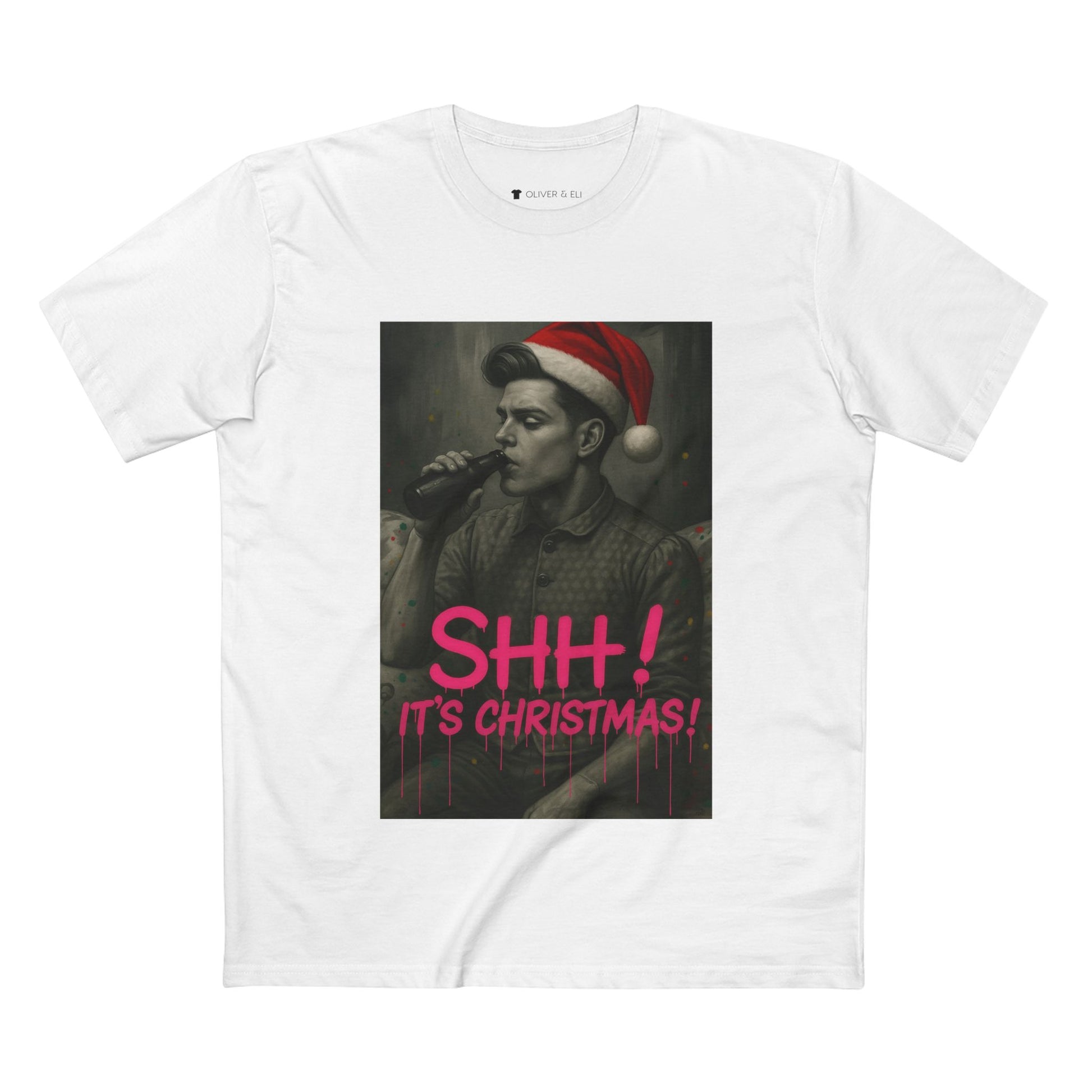 Model wearing tee from Oliver & Eli’s Sleigh Season collection — premium cotton Christmas t-shirt with graffiti print and festive design.