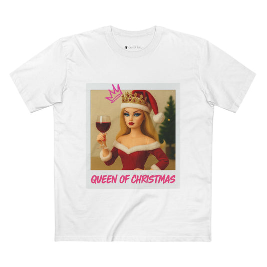 Queen of Christmas T-shirt with vintage doll in crown, holding wine glass, Santa hat and graffiti details