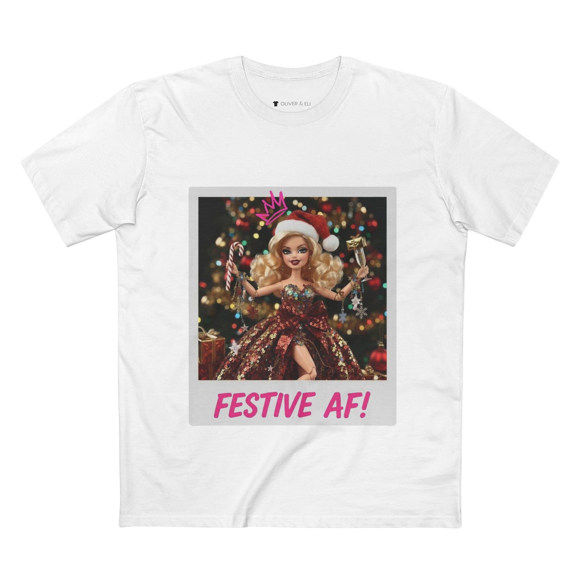 Oliver & Eli’s Sleigh Season collection — premium cotton Christmas t-shirt with graffiti print and festive design.