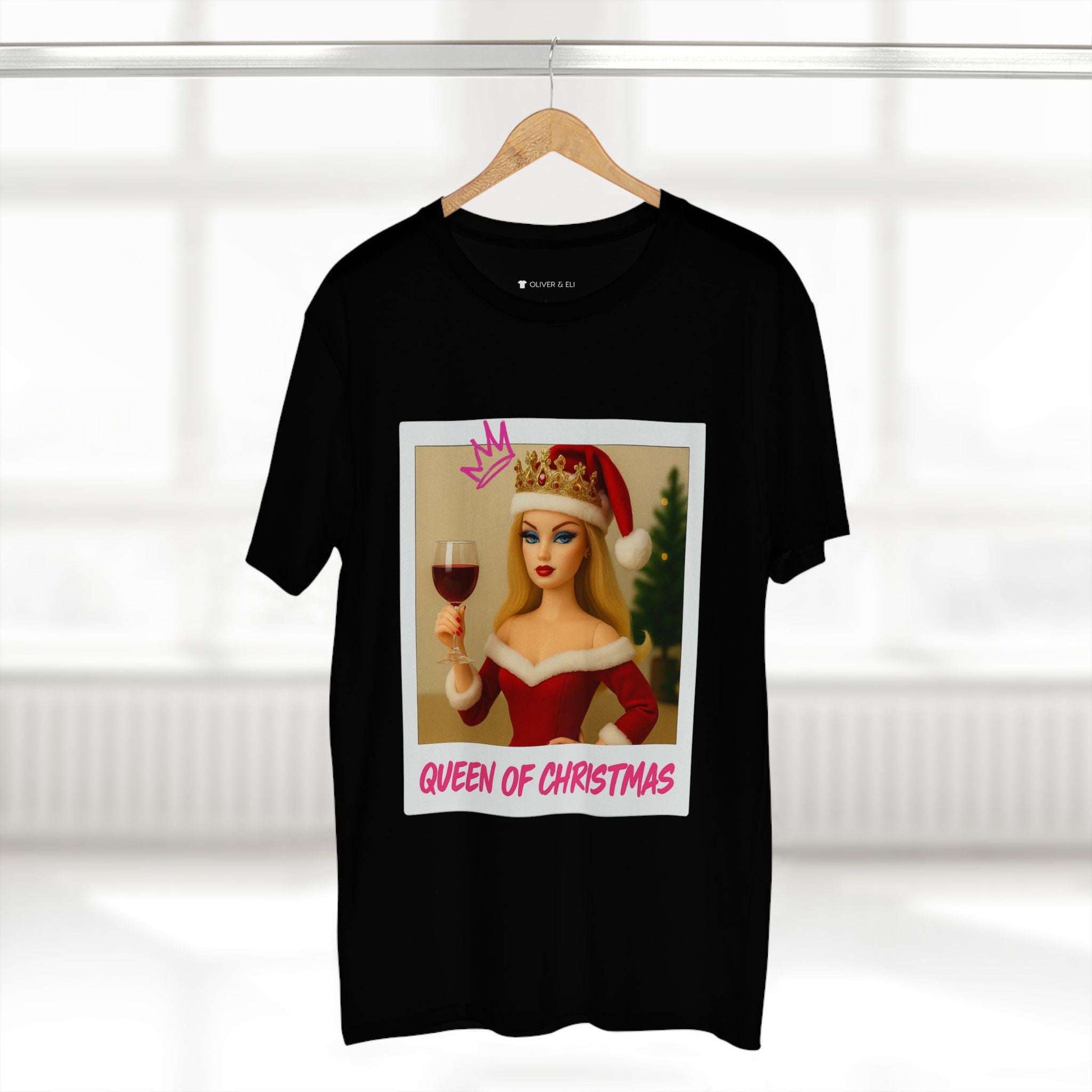 Queen of Christmas T-shirt with vintage doll in crown, holding wine glass, Santa hat and graffiti details