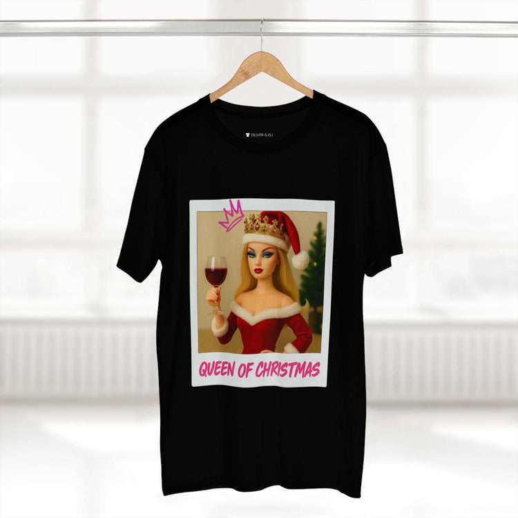 Queen of Christmas T-shirt with vintage doll in crown, holding wine glass, Santa hat and graffiti details