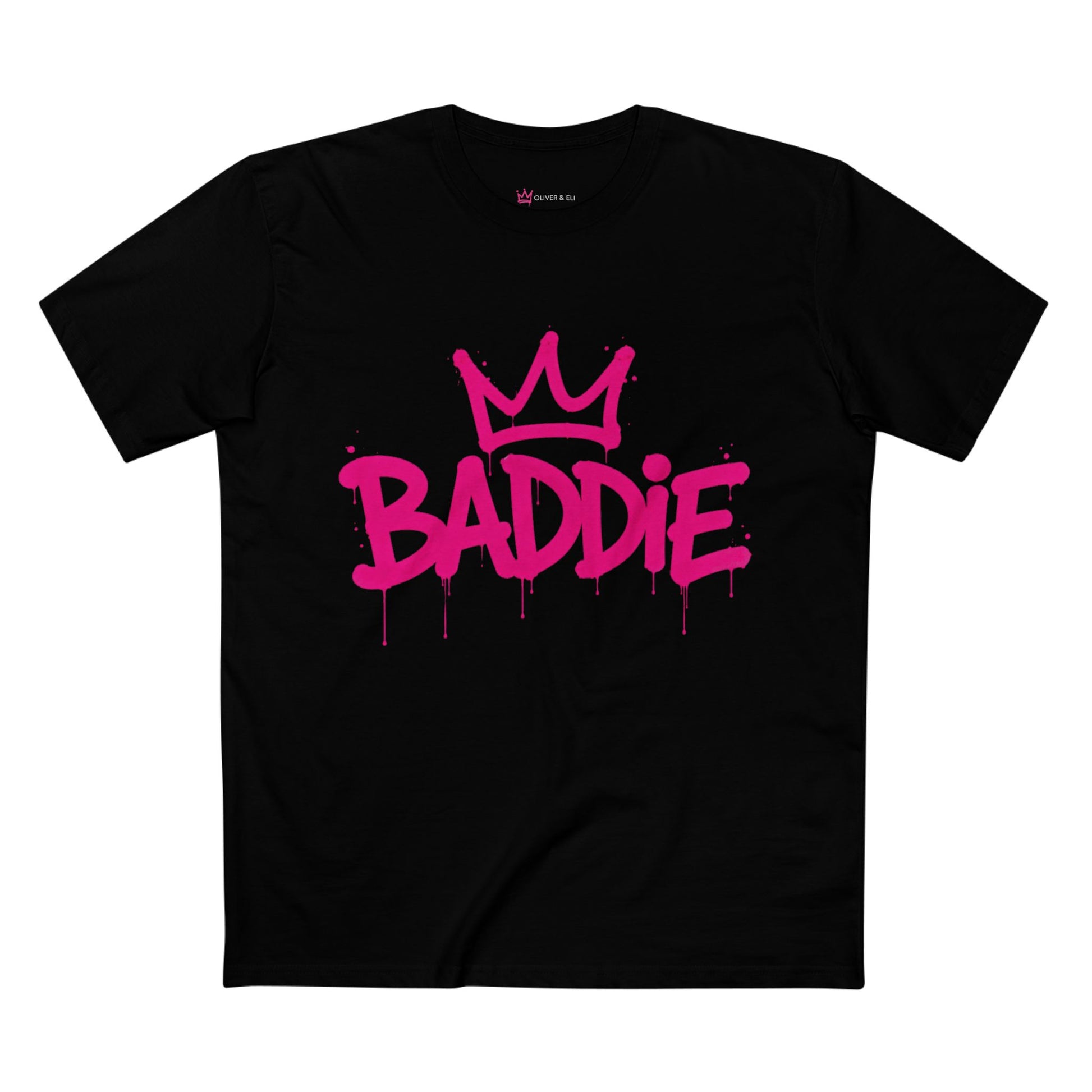 Baddie graphic t-shirt with bold pink graffiti typography by Oliver & Eli