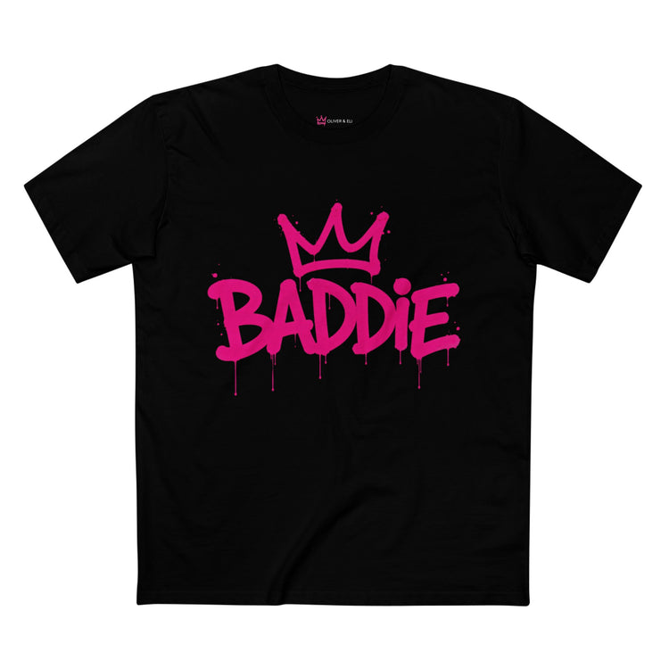 Baddie graphic t-shirt with bold pink graffiti typography by Oliver & Eli