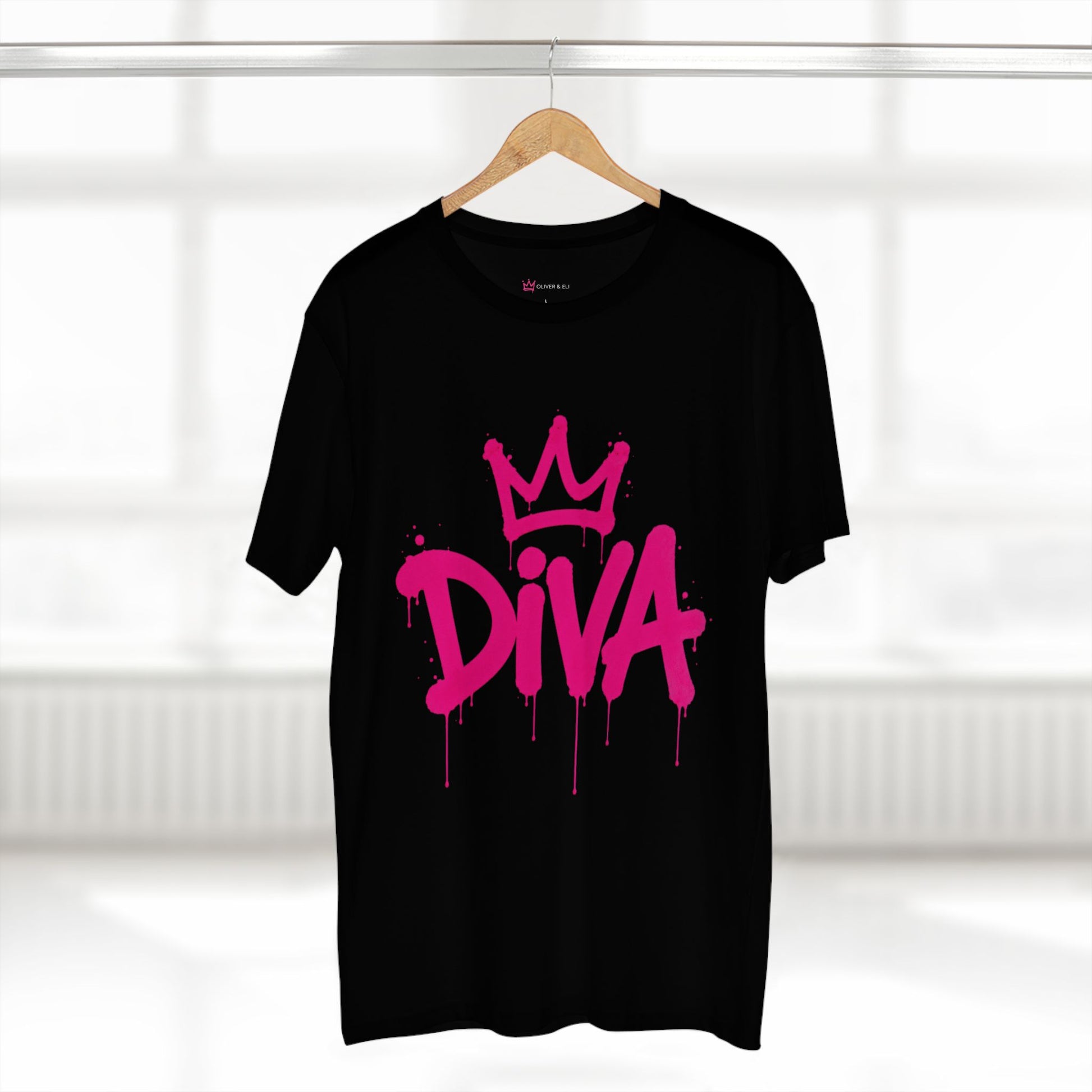 Diva graphic t-shirt with pink graffiti lettering and crown icon