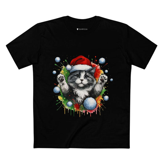 Hands Up Snowball Cat Christmas T-shirt with grey cat in Santa hat and graffiti snowball design by Oliver & Eli