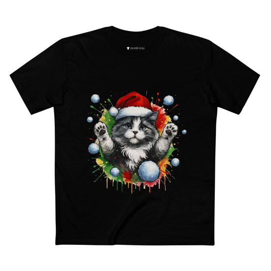 Hands Up Snowball Cat Christmas T-shirt with grey cat in Santa hat and graffiti snowball design by Oliver & Eli