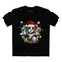 Hands Up Snowball Cat Christmas T-shirt with grey cat in Santa hat and graffiti snowball design by Oliver & Eli