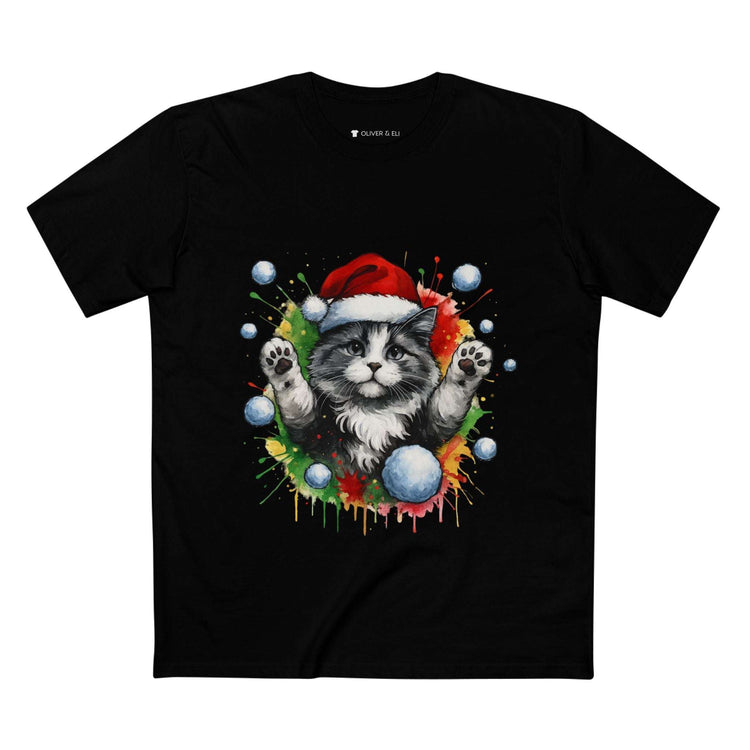 Hands Up Snowball Cat Christmas T-shirt with grey cat in Santa hat and graffiti snowball design by Oliver & Eli