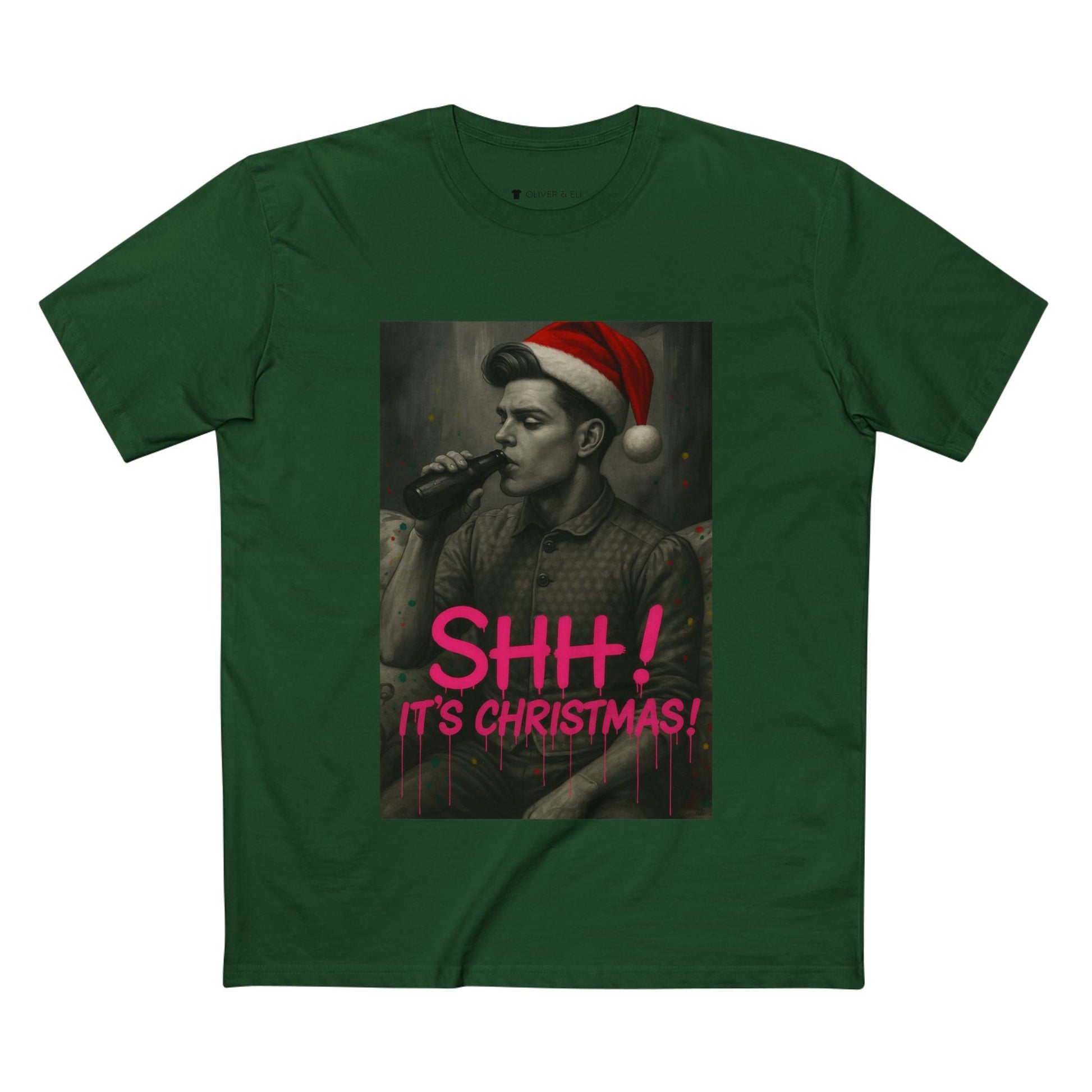 Model wearing tee from Oliver & Eli’s Sleigh Season collection — premium cotton Christmas t-shirt with graffiti print and festive design.