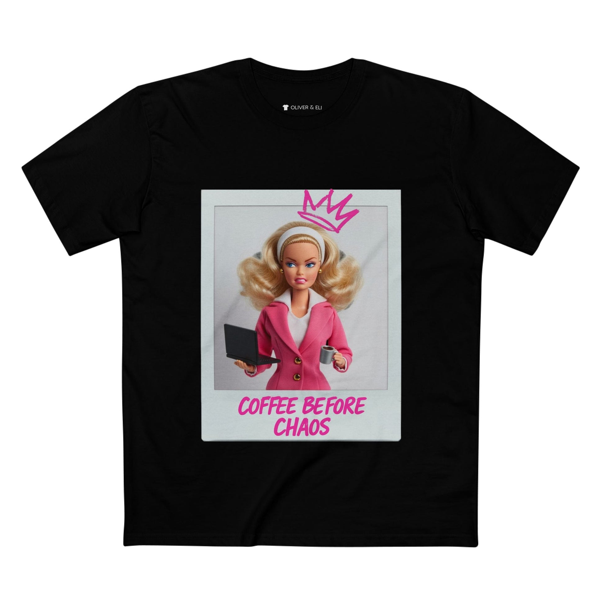 Coffee Before Chaos Tee – Pop Art Bold Attitude Doll T-shirt by Oliver & Eli
