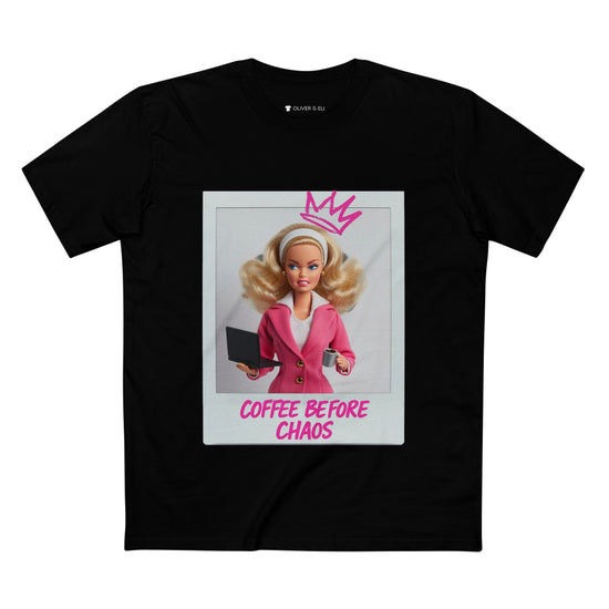 Coffee Before Chaos Tee – Pop Art Bold Attitude Doll T-shirt by Oliver & Eli
