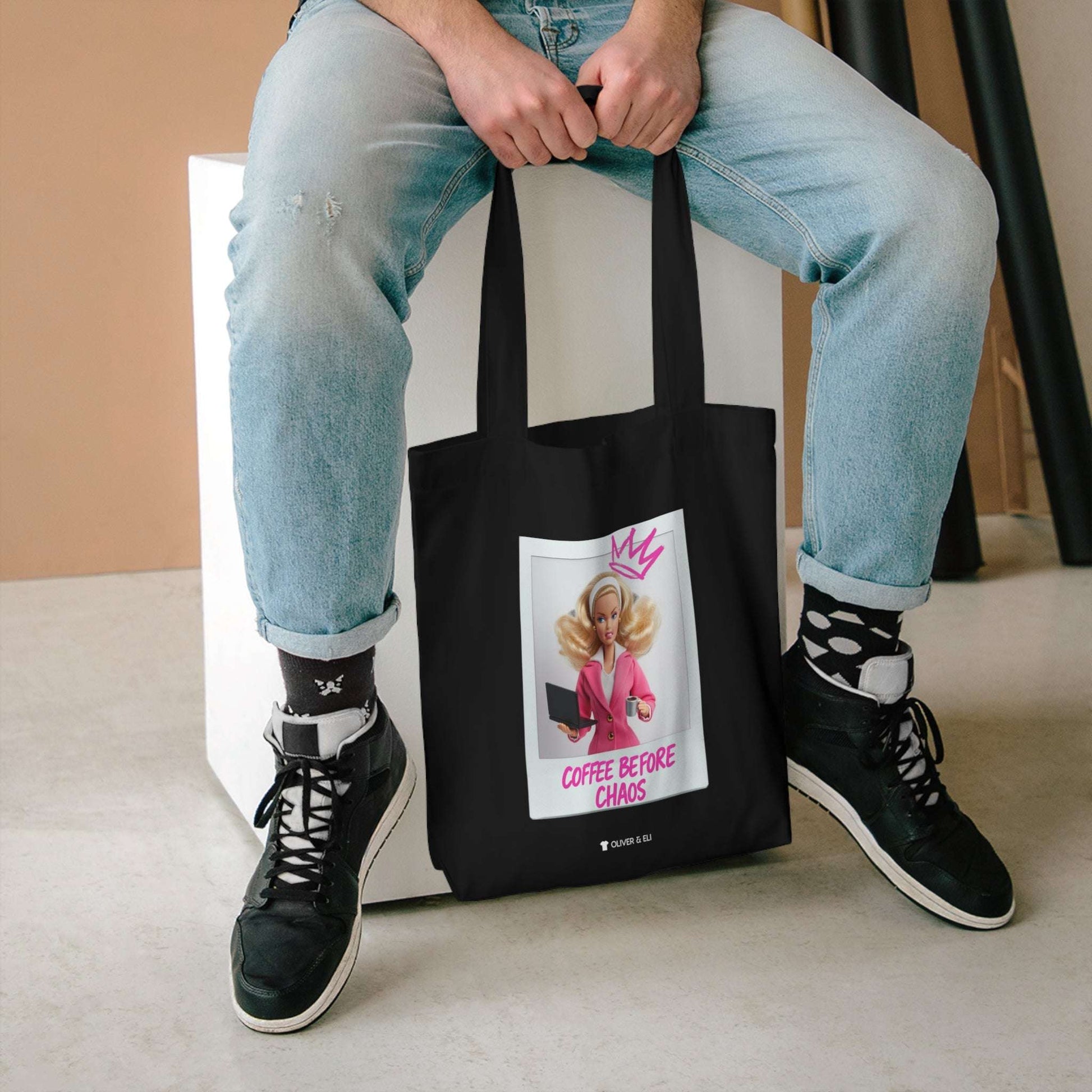 Coffee Before Chaos Tote – Pop Art Bold Attitude Doll Tote Bag by Oliver & Eli