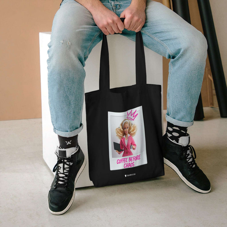 Coffee Before Chaos Tote – Pop Art Bold Attitude Doll Tote Bag by Oliver & Eli