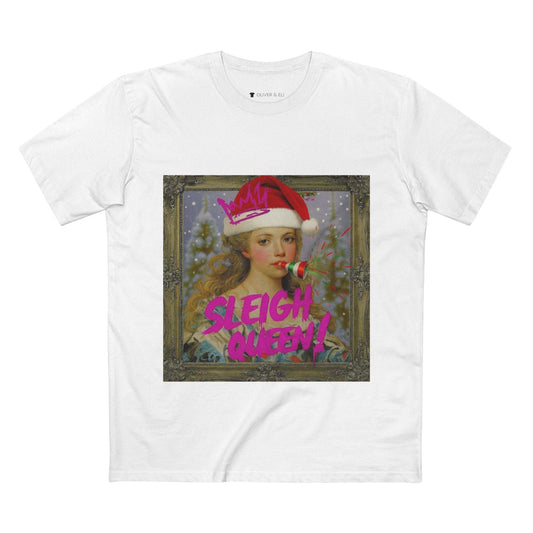 Sleigh Queen Christmas T-shirt with vintage female portrait in Santa hat, pink graffiti crown and party popper