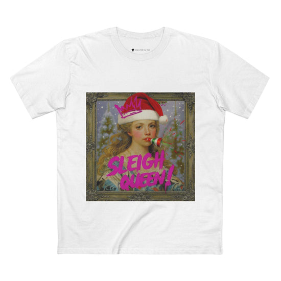 Sleigh Queen Christmas T-shirt with vintage female portrait in Santa hat, pink graffiti crown and party popper