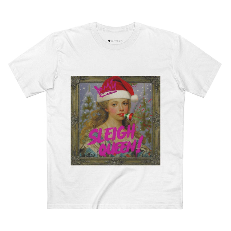 Sleigh Queen Christmas T-shirt with vintage female portrait in Santa hat, pink graffiti crown and party popper
