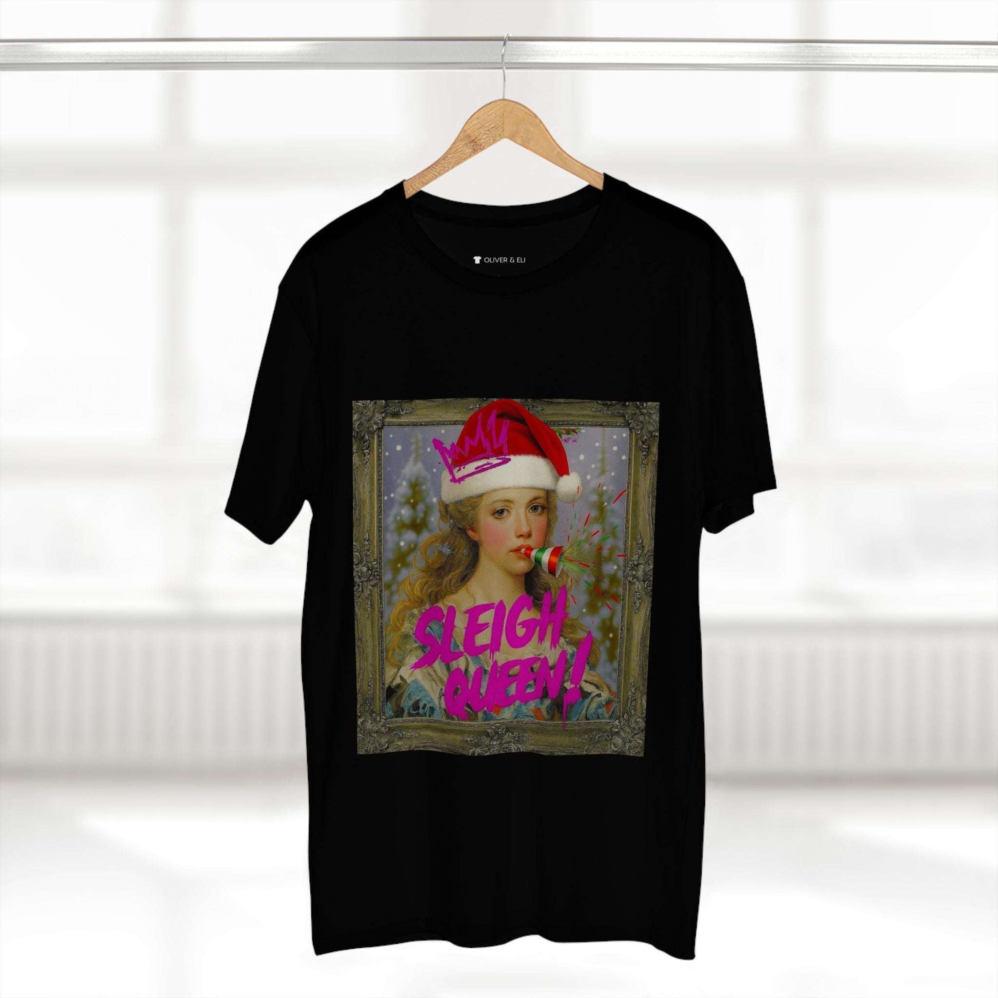 Sleigh Queen Christmas T-shirt with vintage female portrait in Santa hat, pink graffiti crown and party popper