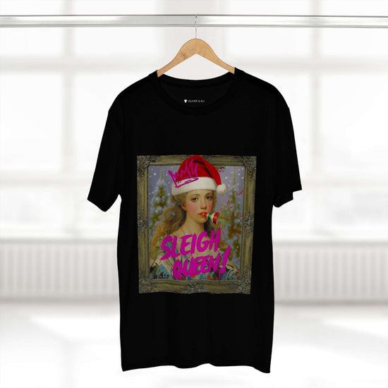 Sleigh Queen Christmas T-shirt with vintage female portrait in Santa hat, pink graffiti crown and party popper