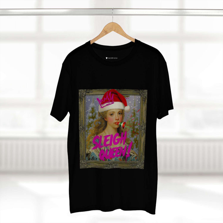 Sleigh Queen Christmas T-shirt with vintage female portrait in Santa hat, pink graffiti crown and party popper
