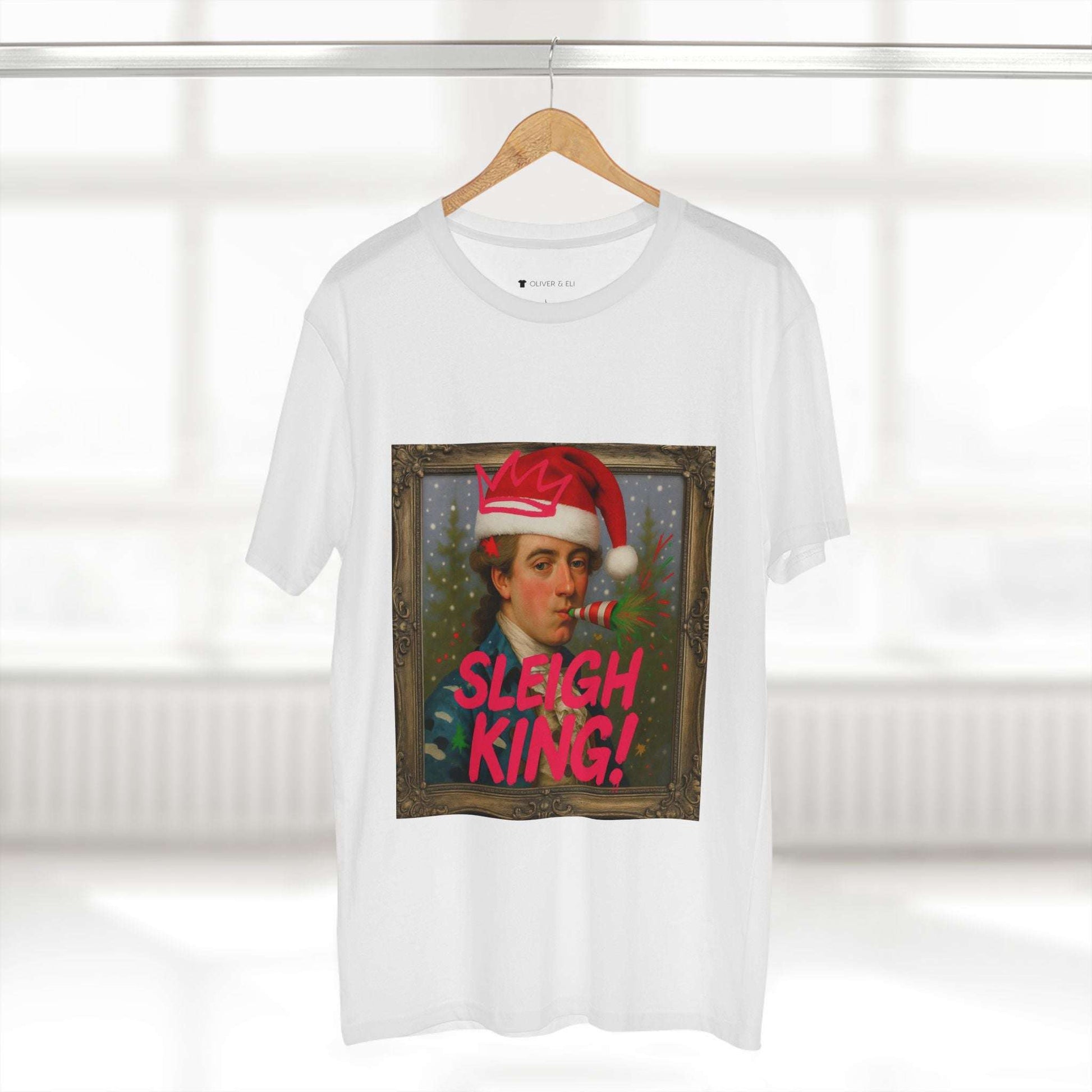 Sleigh King Christmas T-shirt with vintage male portrait in crown, Santa hat and graffiti party popper