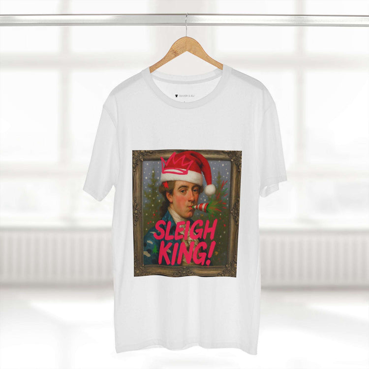 Sleigh King Christmas T-shirt with vintage male portrait in crown, Santa hat and graffiti party popper