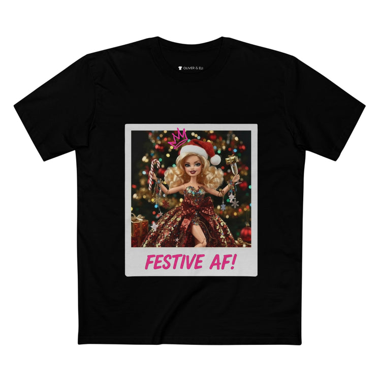 Oliver & Eli’s Sleigh Season collection — premium cotton Christmas t-shirt with graffiti print and festive design.