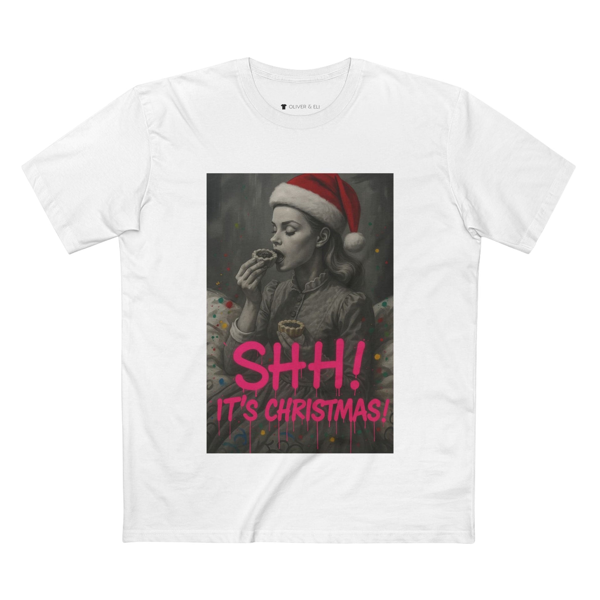 SHH! It’s Christmas T-shirt with grayscale vintage figure in Santa hat and pink graffiti text