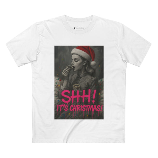 SHH! It’s Christmas T-shirt with grayscale vintage figure in Santa hat and pink graffiti text