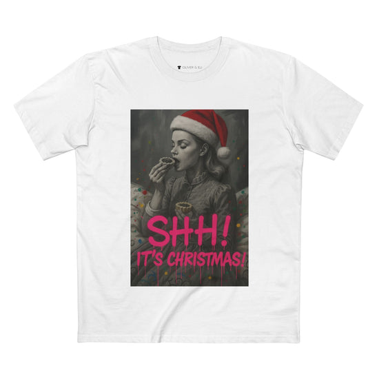 SHH! It’s Christmas T-shirt with grayscale vintage figure in Santa hat and pink graffiti text