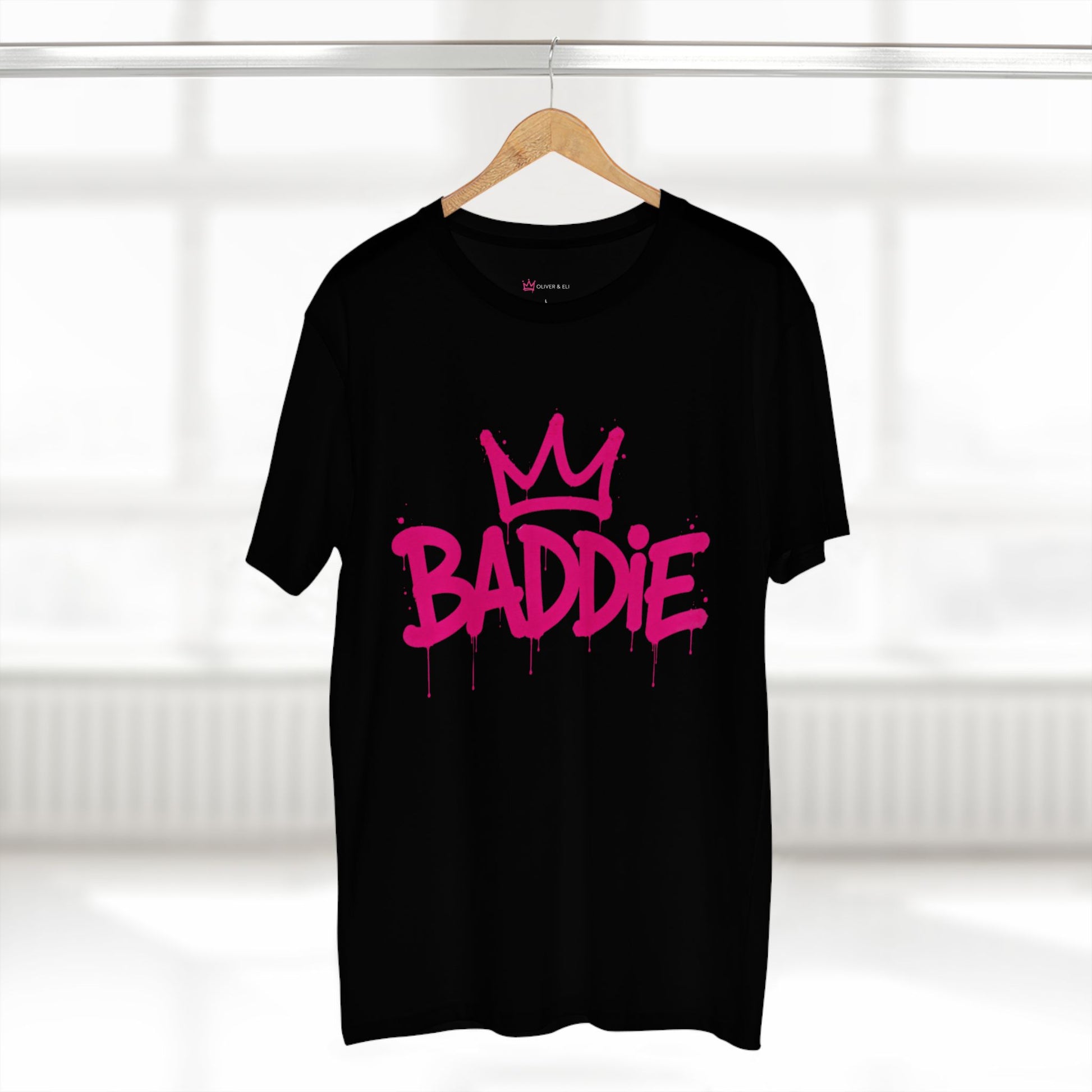 Baddie graphic t-shirt with bold pink graffiti typography by Oliver & Eli