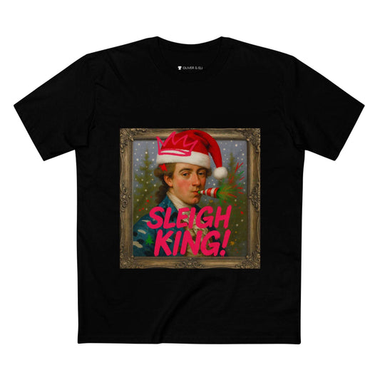 Sleigh King Christmas T-shirt with vintage male portrait in crown, Santa hat and graffiti party popper