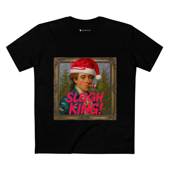 Sleigh King Christmas T-shirt with vintage male portrait in crown, Santa hat and graffiti party popper
