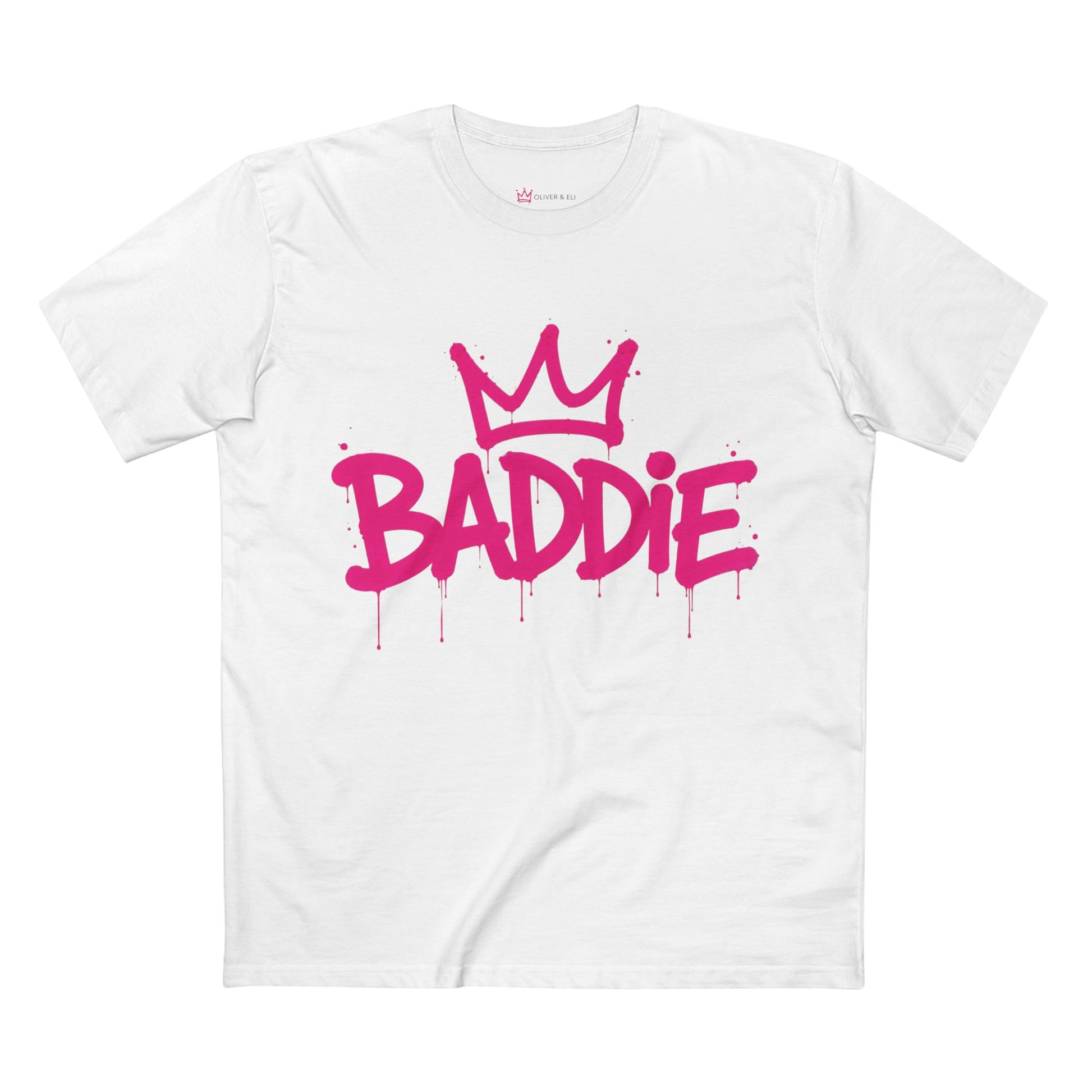 Baddie graphic t-shirt with bold pink graffiti typography by Oliver & Eli