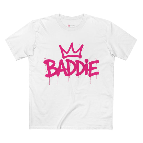 Baddie graphic t-shirt with bold pink graffiti typography by Oliver & Eli