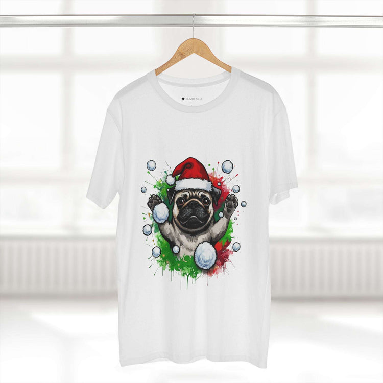 Hands Up Snowball Pug Christmas T-shirt featuring pug in Santa hat throwing snowball graffiti art design